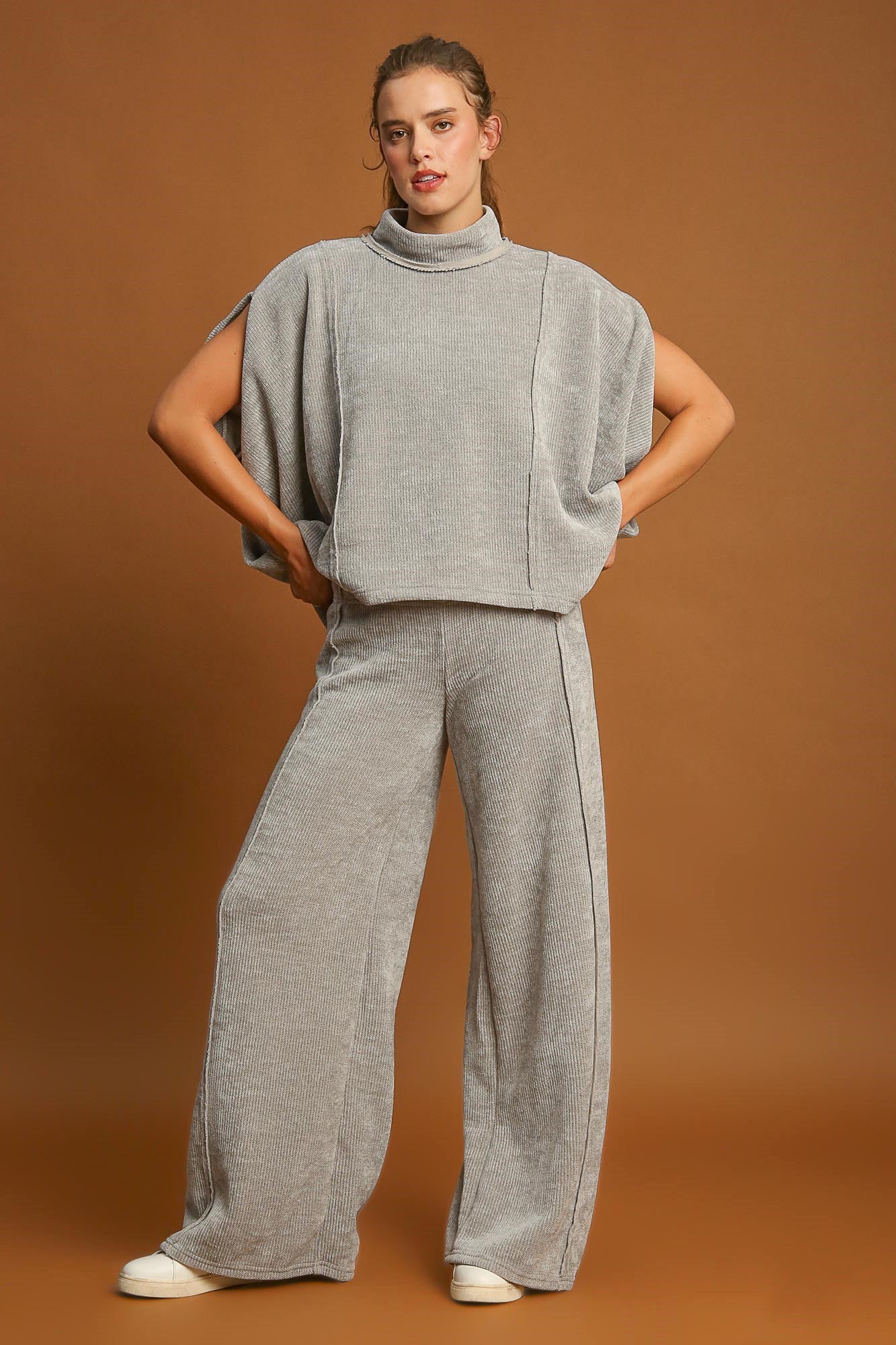 UMGEE - Light Gray Elastic Waist Wide Leg Pants