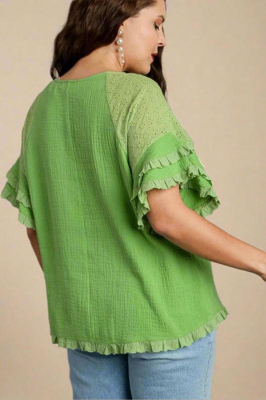 UMGEE - Lime Green Eyelet Ruffle Sleeve Top