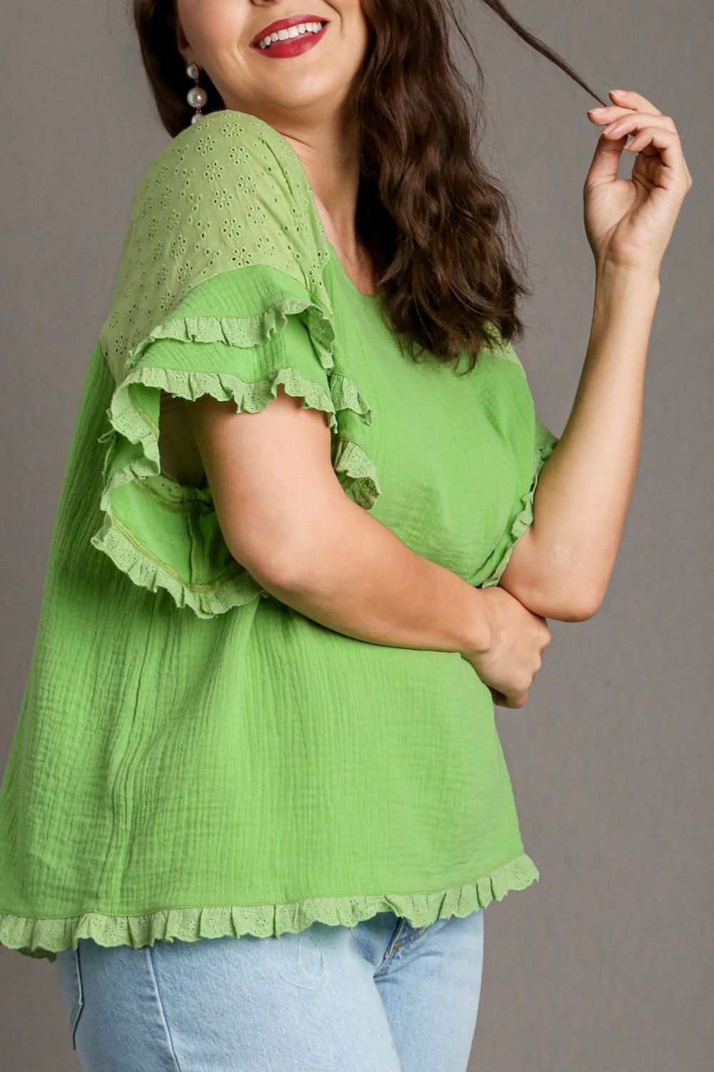UMGEE - Lime Green Eyelet Ruffle Sleeve Top