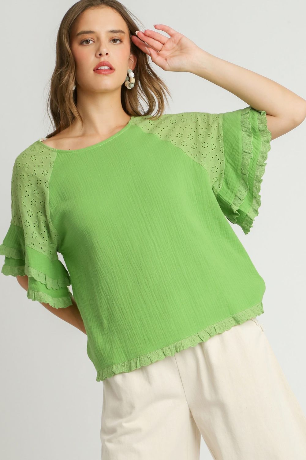 UMGEE - Lime Green Eyelet Ruffle Sleeve Top