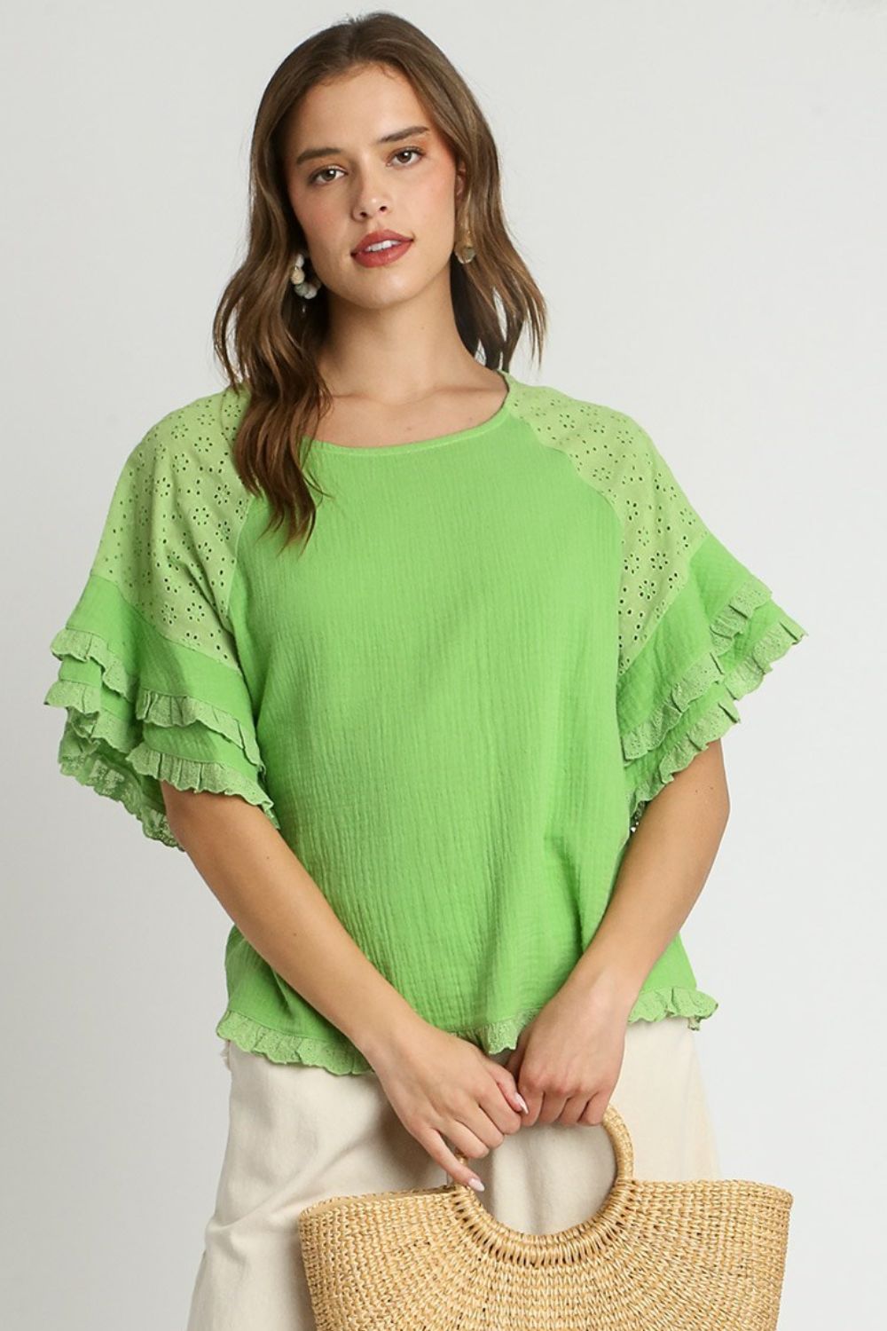 UMGEE - Lime Green Eyelet Ruffle Sleeve Top