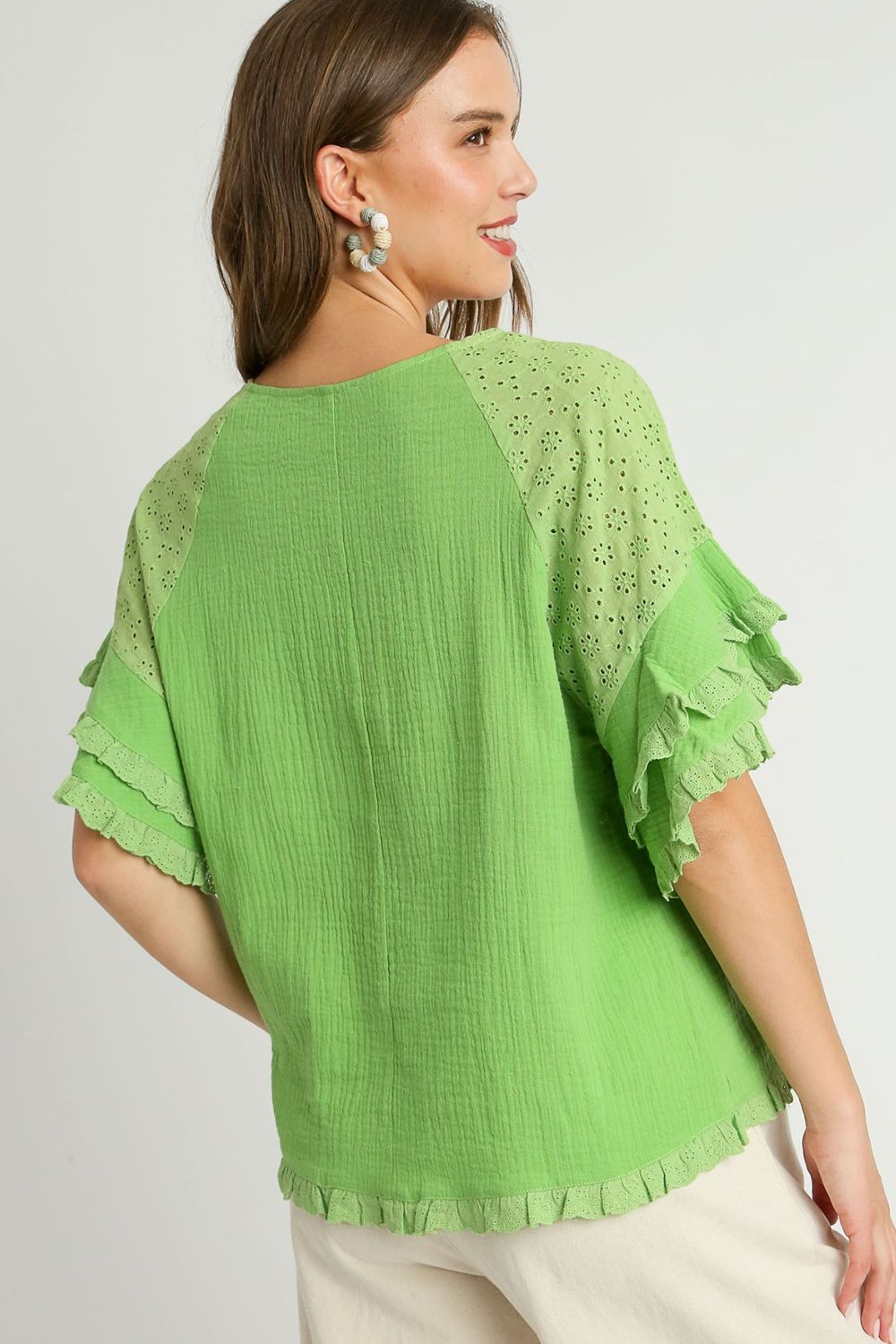 UMGEE - Lime Green Eyelet Ruffle Sleeve Top