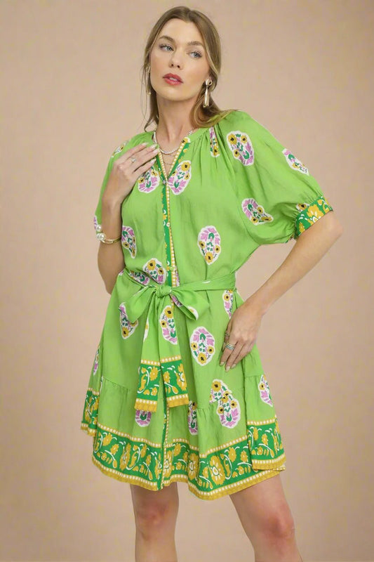 UMGEE - Lime Green Floral Border Print Tie Waist Mini Dress