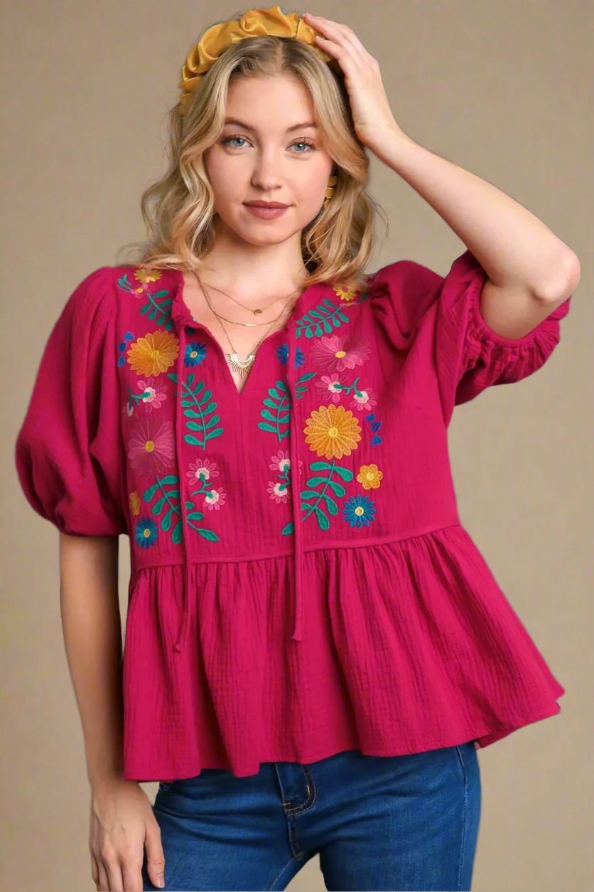 UMGEE - Magenta Embroidered Peplum Blouse