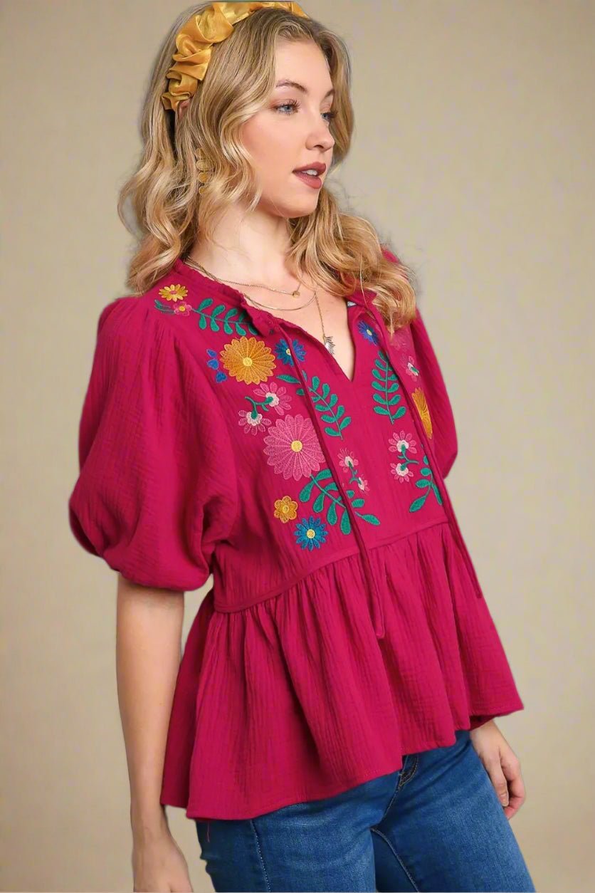 UMGEE - Magenta Embroidered Peplum Blouse