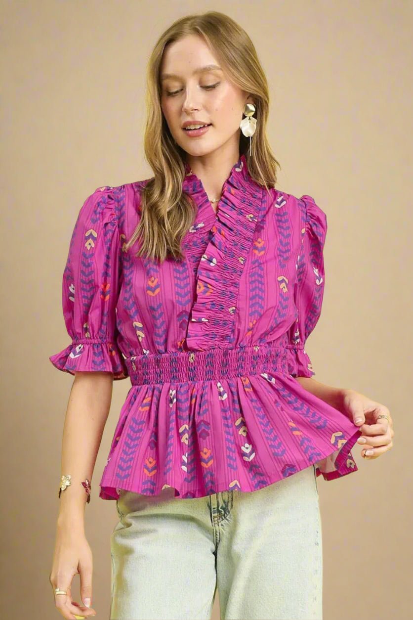 UMGEE - Magenta Ruffle Smocked Peplum Blouse