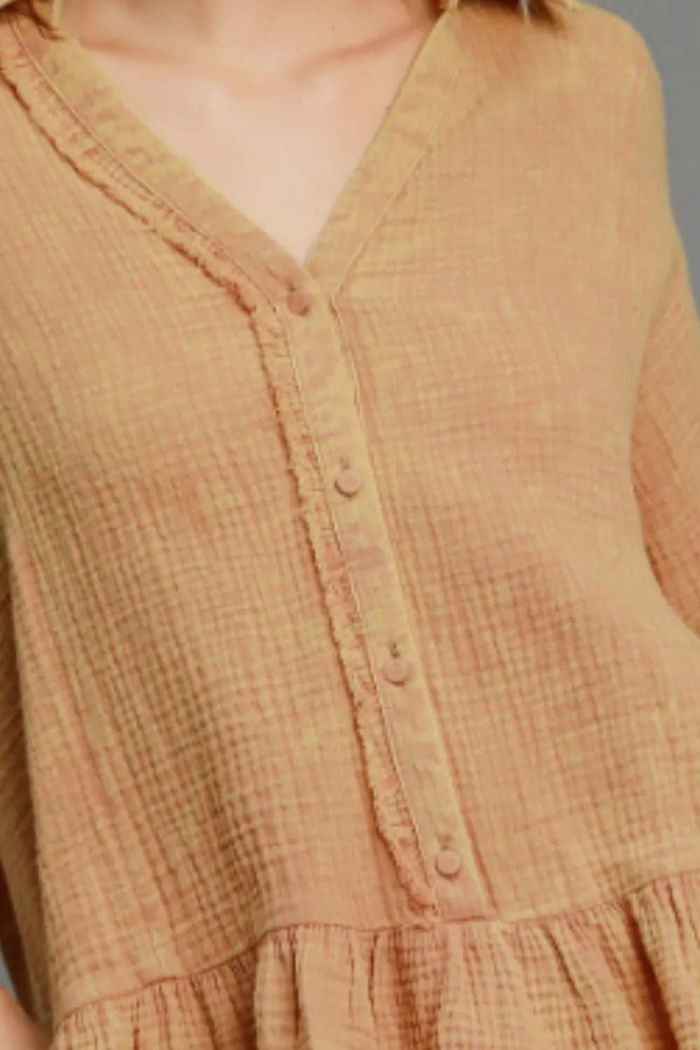 UMGEE - Mocha Gauze Button Ruffle Hem Top