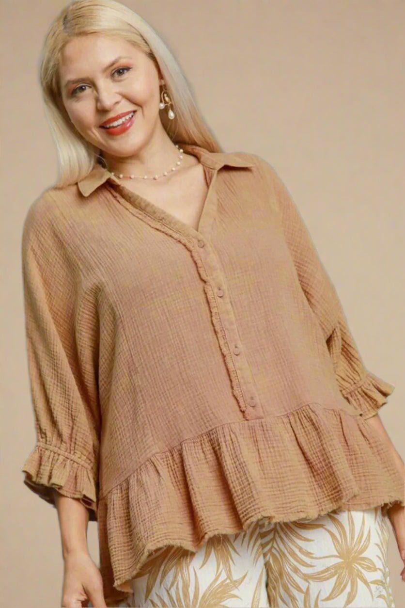 UMGEE - Mocha Gauze Button Ruffle Hem Top