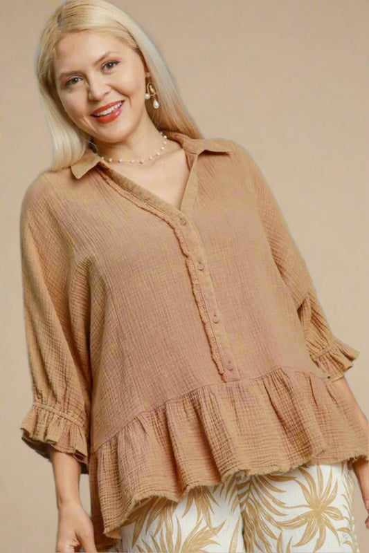 UMGEE - Mocha Gauze Button Ruffle Hem Top