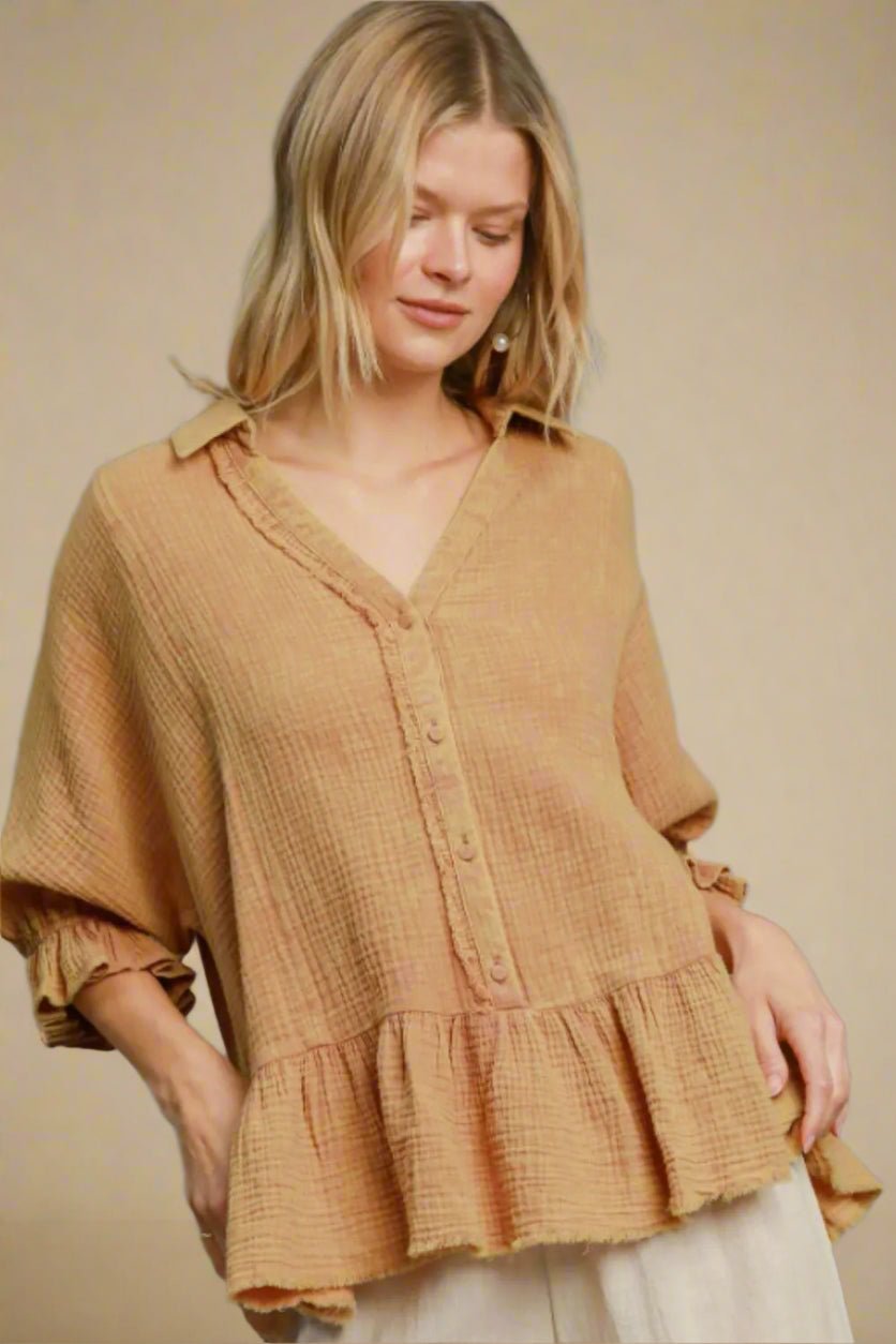 UMGEE - Mocha Gauze Button Ruffle Hem Top