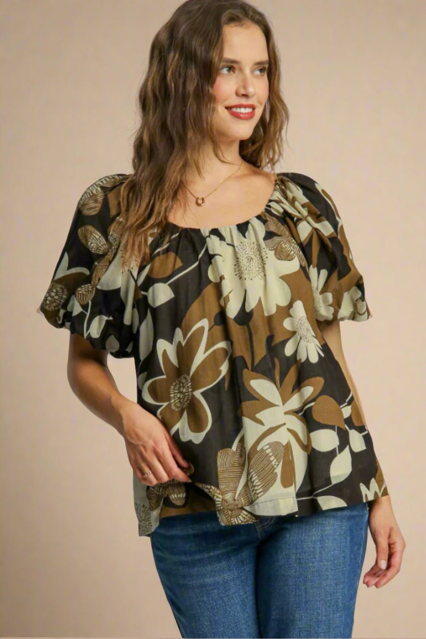 UMGEE - Mocha Puff Sleeve Floral Blouse