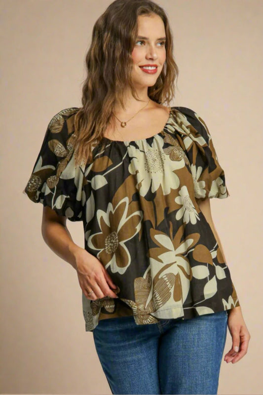 UMGEE - Mocha Puff Sleeve Floral Blouse