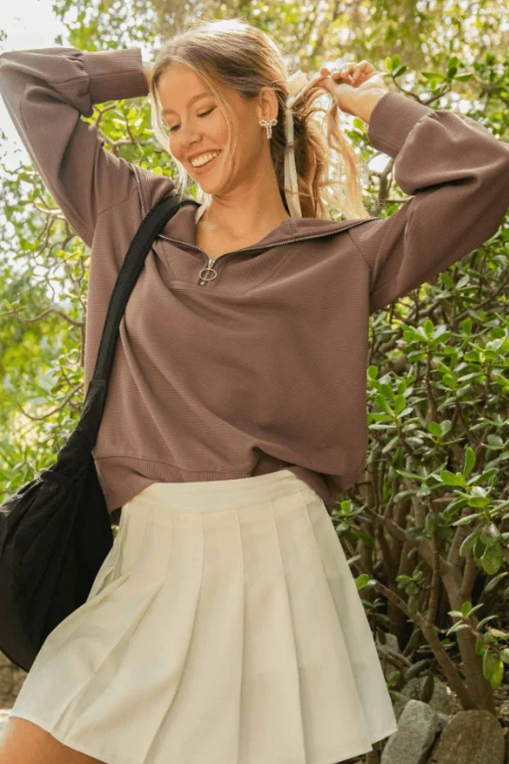 UMGEE - Mocha Ribbed Half - Zip Pullover with Wide Collar