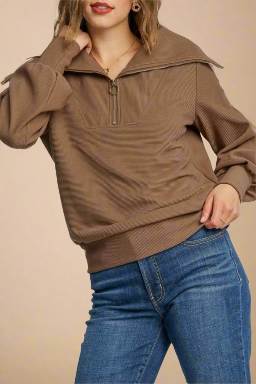 UMGEE - Mocha Ribbed Half - Zip Pullover with Wide Collar