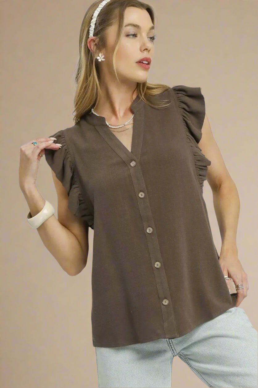 UMGEE - Mocha Ruffle Sleeve Button Front Blouse