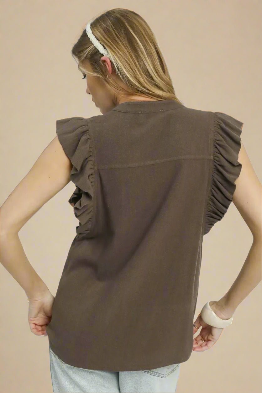 UMGEE - Mocha Ruffle Sleeve Button Front Blouse