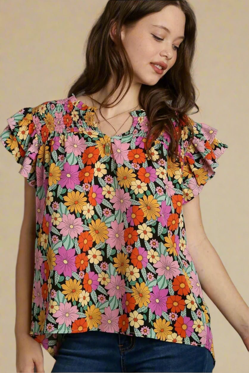 UMGEE - Multicolor Retro Daisy Print Smocked Ruffle Sleeve Blouse