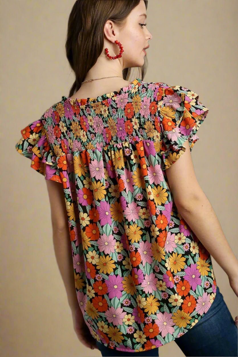 UMGEE - Multicolor Retro Daisy Print Smocked Ruffle Sleeve Blouse