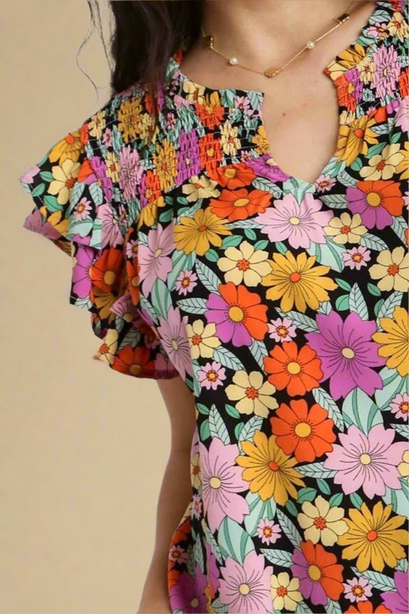 UMGEE - Multicolor Retro Daisy Print Smocked Ruffle Sleeve Blouse