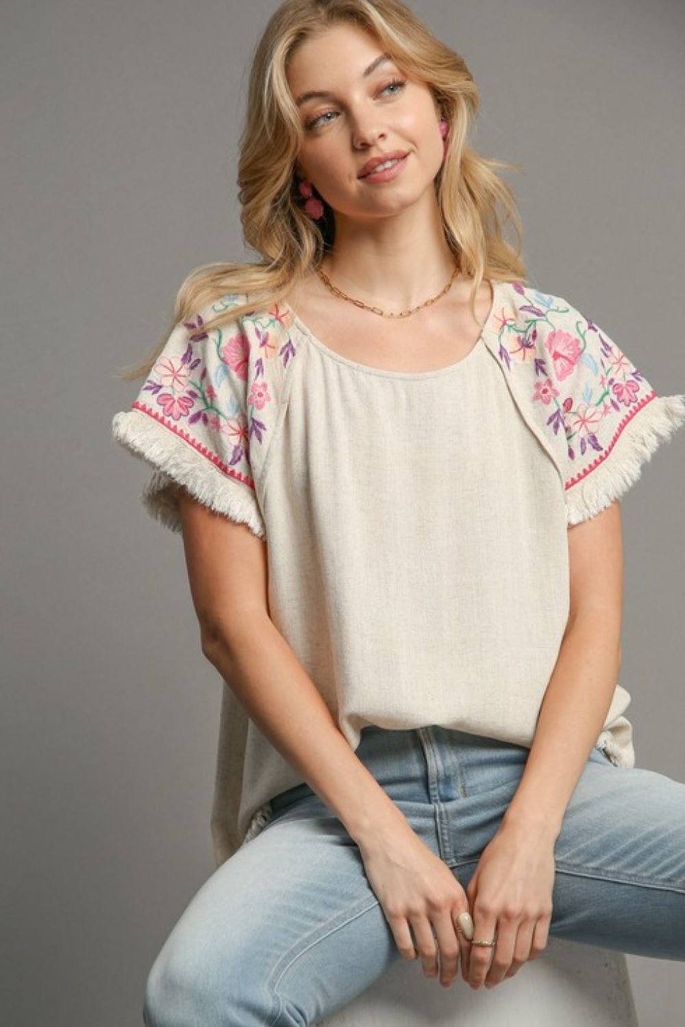 UMGEE - Natural Linen Fringe Top with Embroidered Sleeves