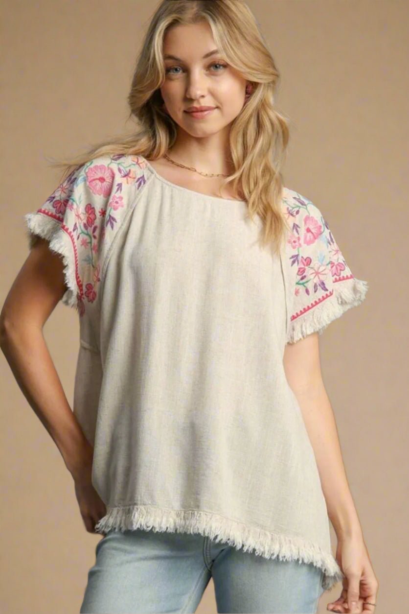 UMGEE - Natural Linen Fringe Top with Embroidered Sleeves
