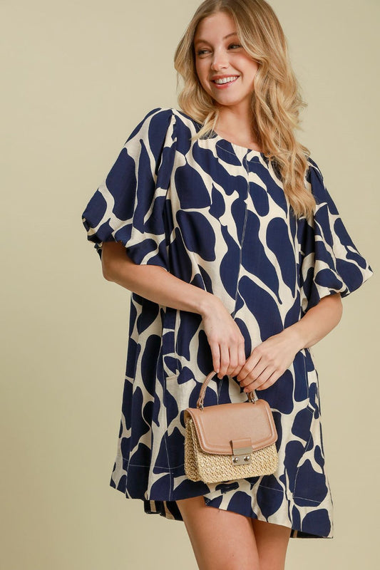 UMGEE - Navy Abstract Print Puff Mini Sleeve Dress