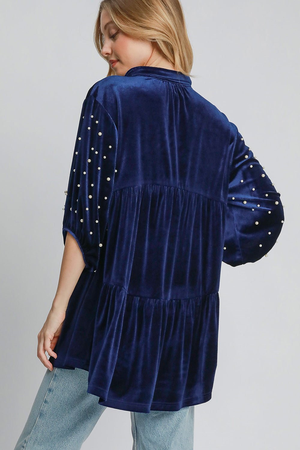 UMGEE - Navy Pearl Detail Velvet Babydoll Blouse