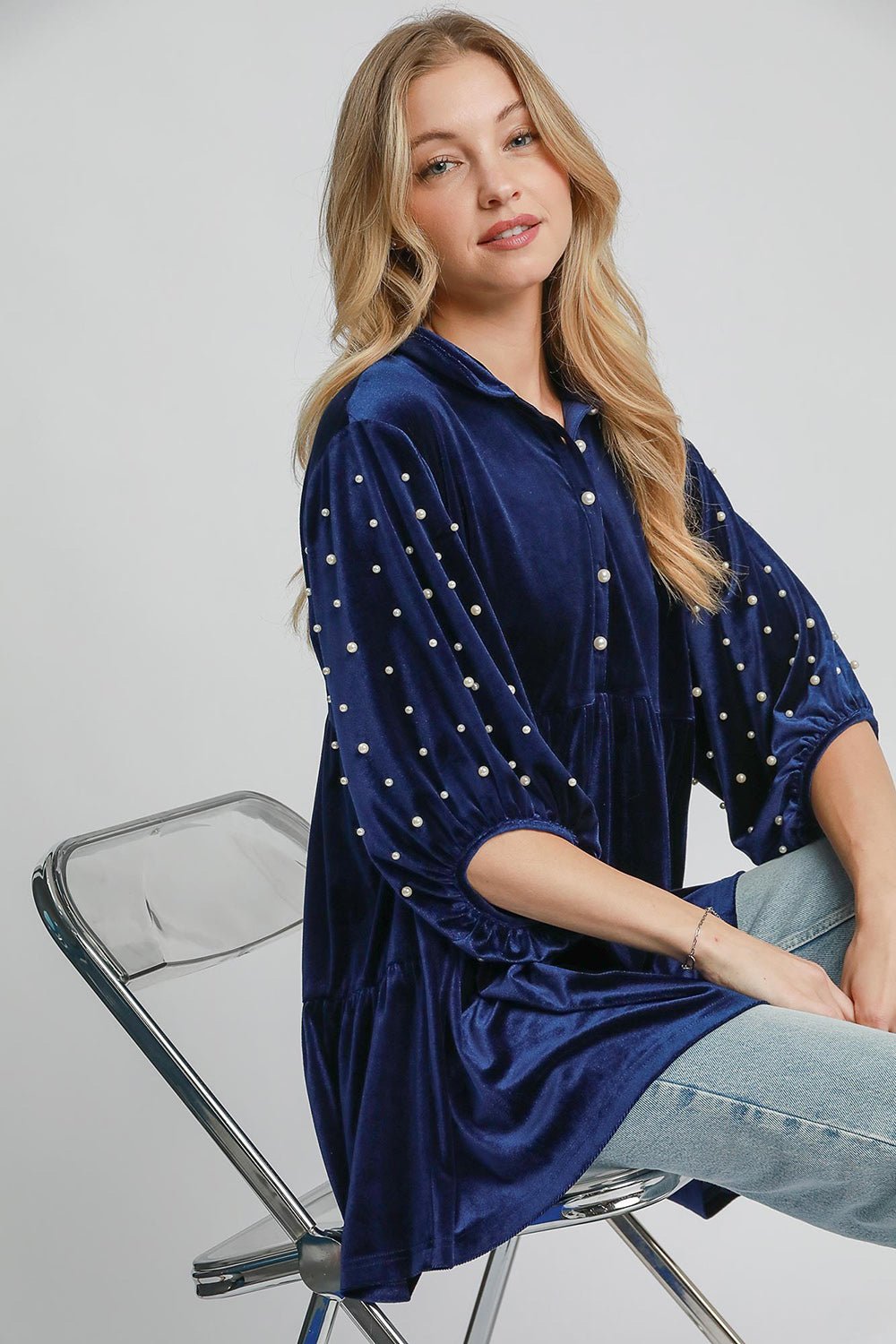 UMGEE - Navy Pearl Detail Velvet Babydoll Blouse