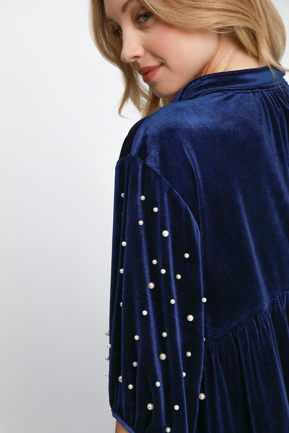 UMGEE - Navy Pearl Detail Velvet Babydoll Blouse