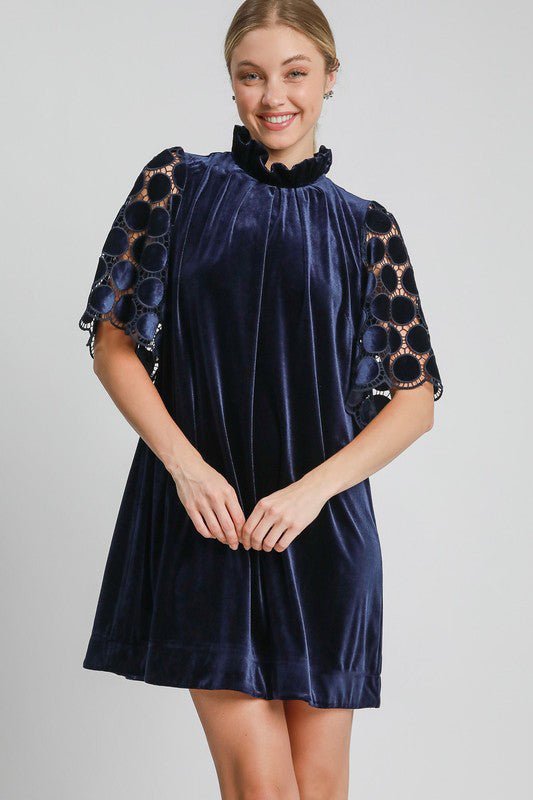 UMGEE - Navy Polka Dot Lace Half Sleeve Velvet Mini Dress