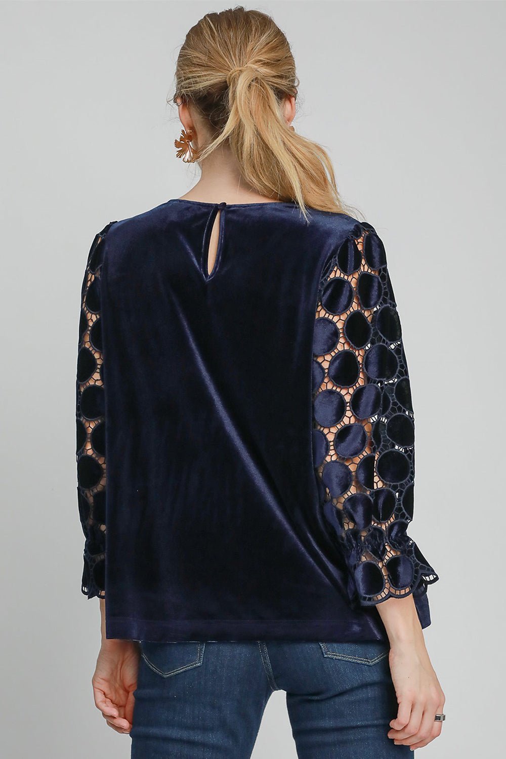 UMGEE - Navy Polka Dot Lace Long Sleeve Velvet Blouse