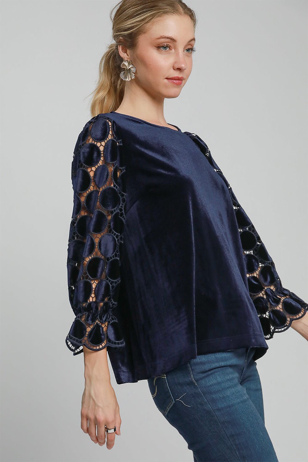 UMGEE - Navy Polka Dot Lace Long Sleeve Velvet Blouse