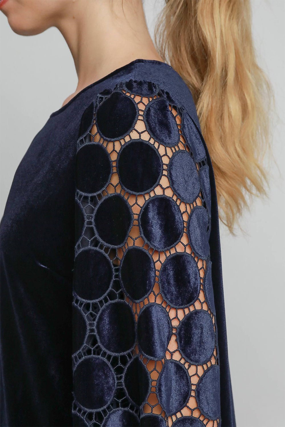 UMGEE - Navy Polka Dot Lace Long Sleeve Velvet Blouse