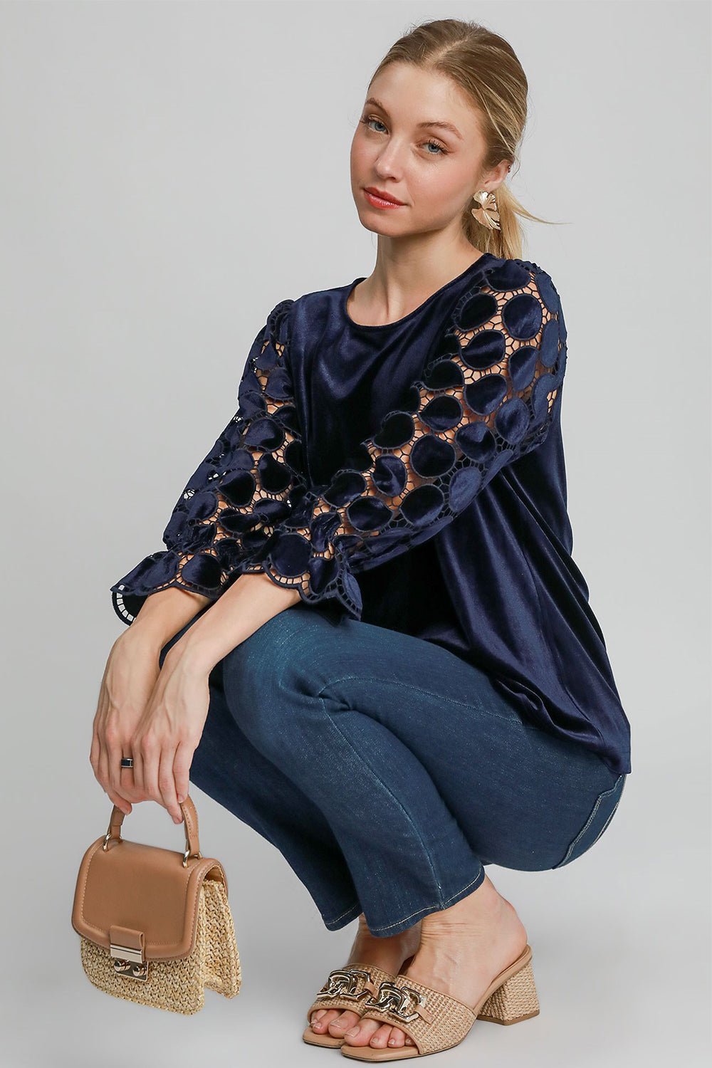 UMGEE - Navy Polka Dot Lace Long Sleeve Velvet Blouse