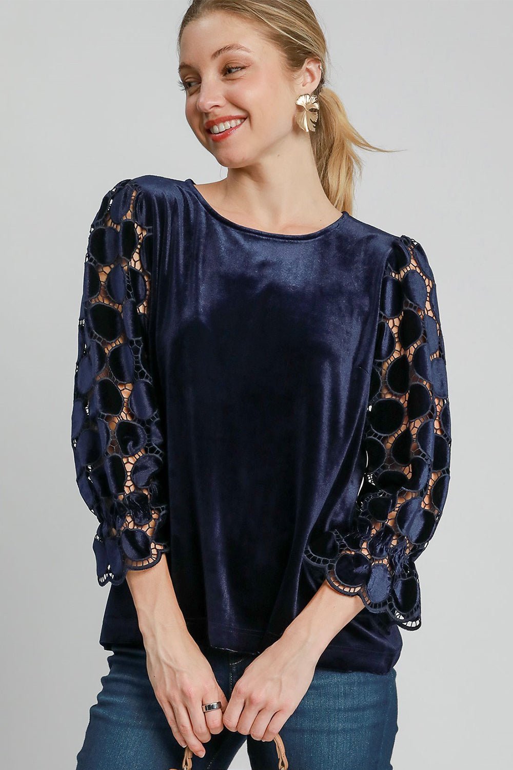 UMGEE - Navy Polka Dot Lace Long Sleeve Velvet Blouse