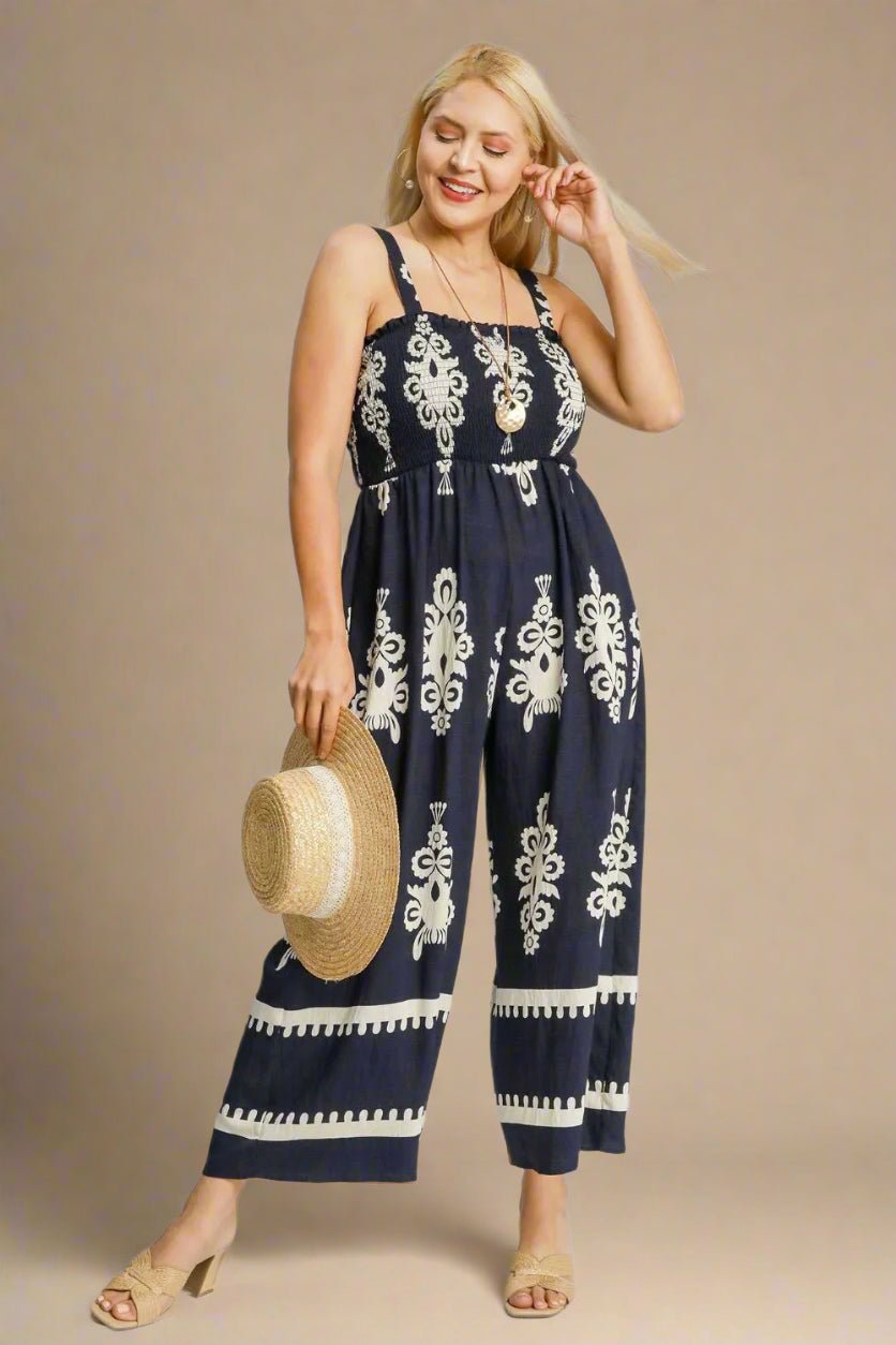 UMGEE - Navy Printed Smocked Wide Leg Jumpsuit
