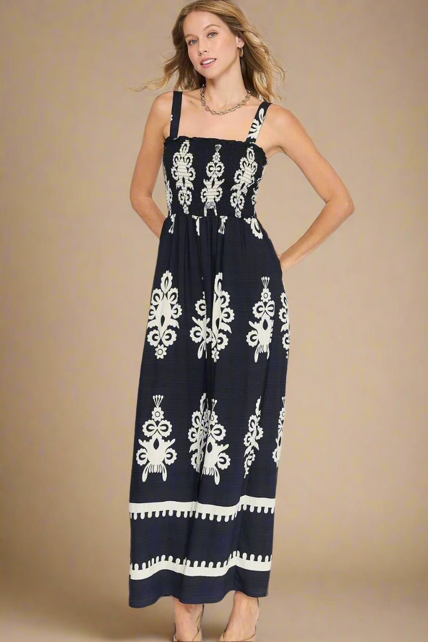 UMGEE - Navy Printed Smocked Wide Leg Jumpsuit