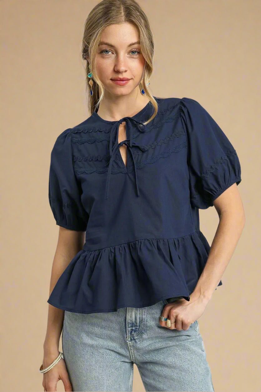 UMGEE - Navy Puff Sleeve Peplum Top with Tie Neck