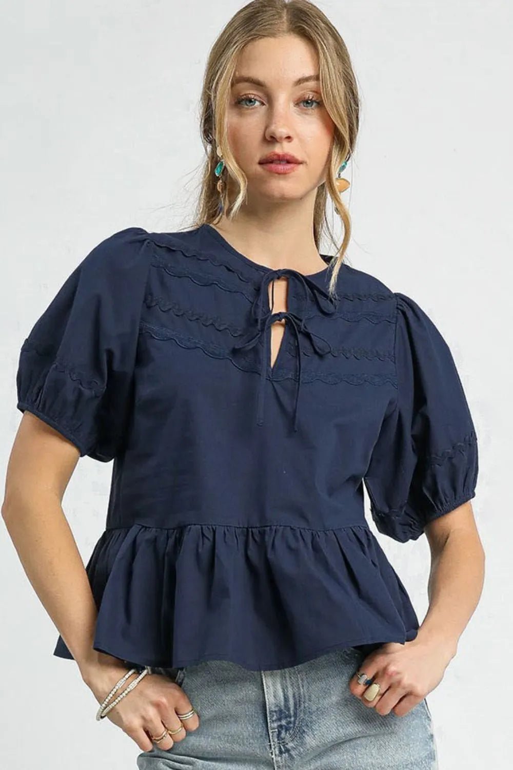 UMGEE - Navy Puff Sleeve Peplum Top with Tie Neck