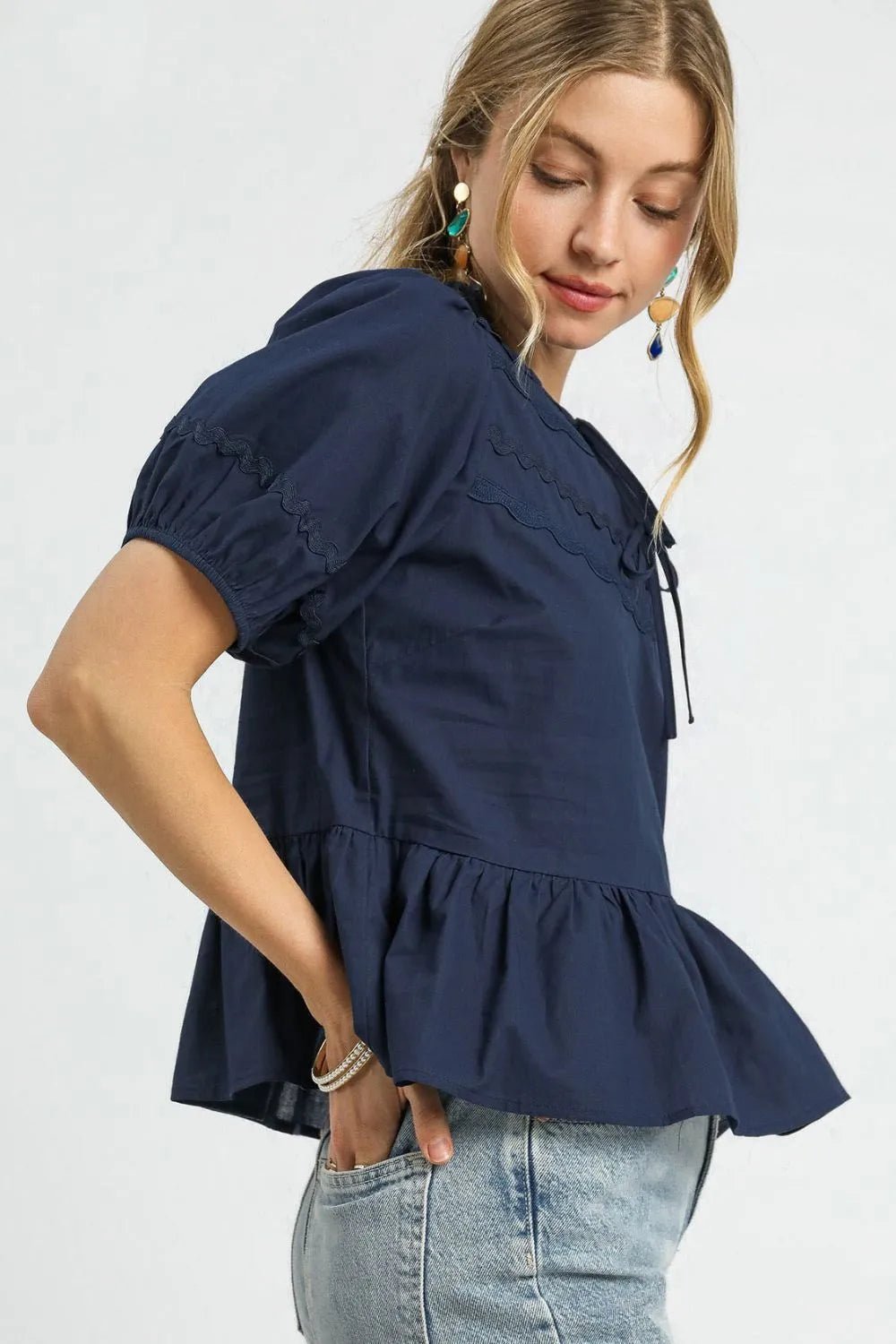UMGEE - Navy Puff Sleeve Peplum Top with Tie Neck