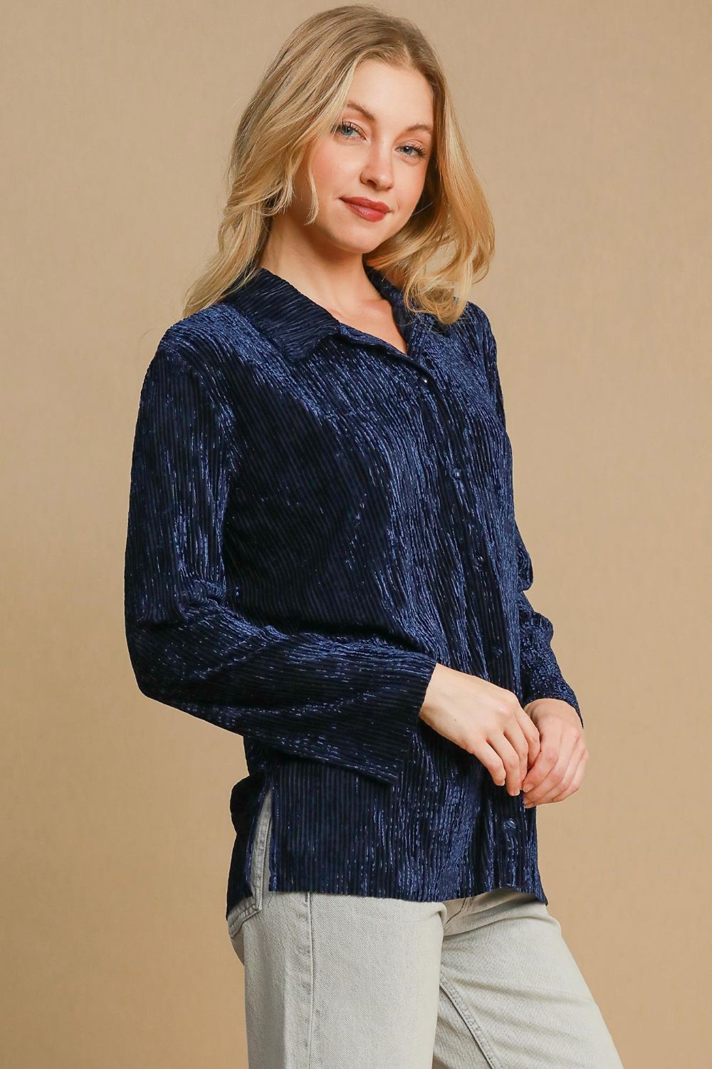 UMGEE - Navy Ruched Button Up Velvet Shirt