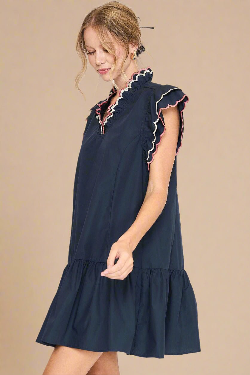 UMGEE - Navy Ruffle Trim Mini Dress with Scalloped Embroidery