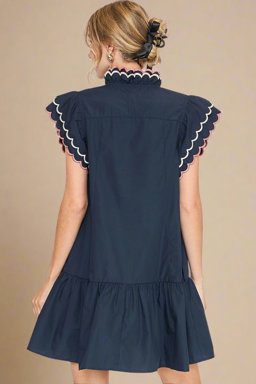 UMGEE - Navy Ruffle Trim Mini Dress with Scalloped Embroidery