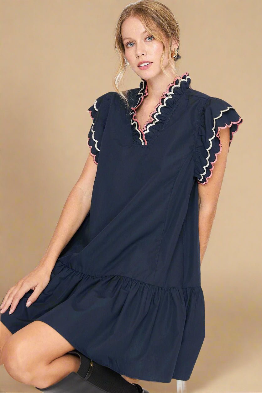 UMGEE - Navy Ruffle Trim Mini Dress with Scalloped Embroidery