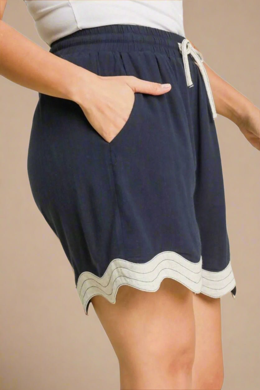 UMGEE - Navy Scallop Hem Drawstring Shorts with Contrast Trim