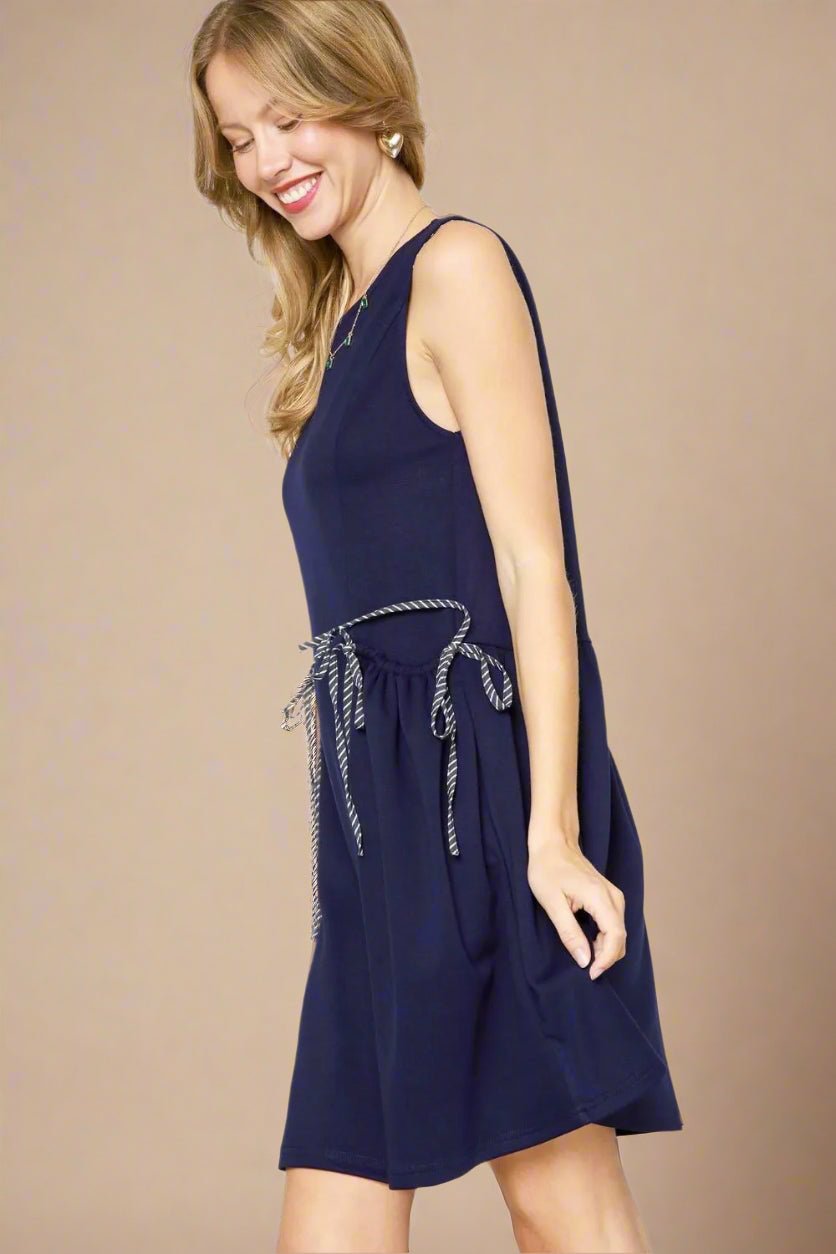 UMGEE - Navy Sleeveless Mini Shift Dress with Striped Rope Tie Details