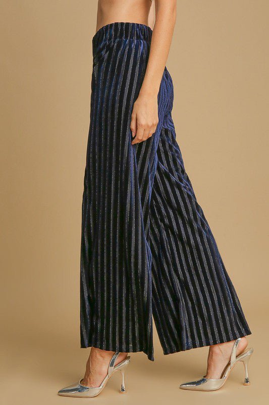 UMGEE - Navy Stripe Elastic Waist Wide Leg Velvet Pants