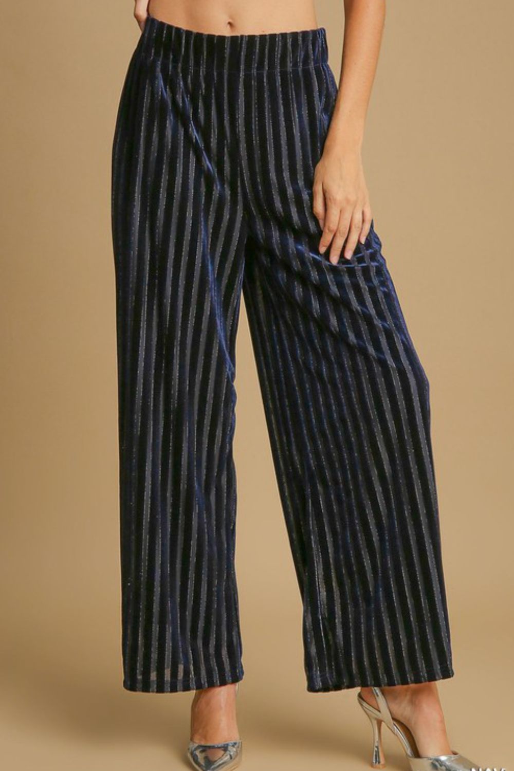 UMGEE - Navy Stripe Elastic Waist Wide Leg Velvet Pants