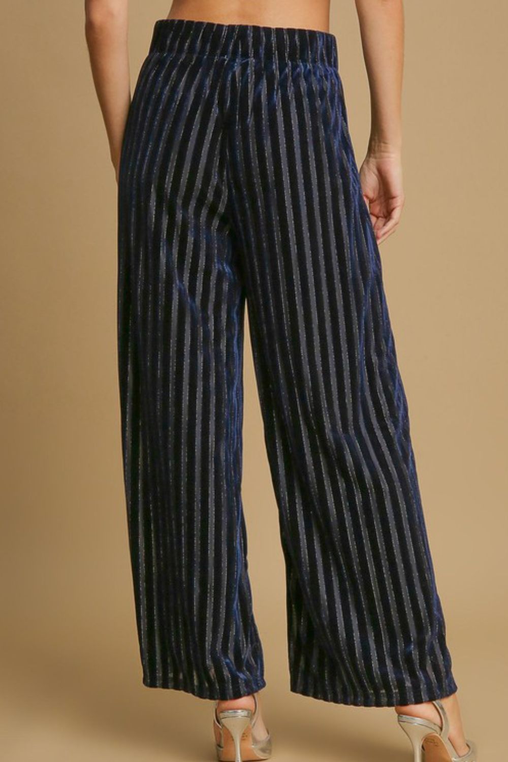 UMGEE - Navy Stripe Elastic Waist Wide Leg Velvet Pants