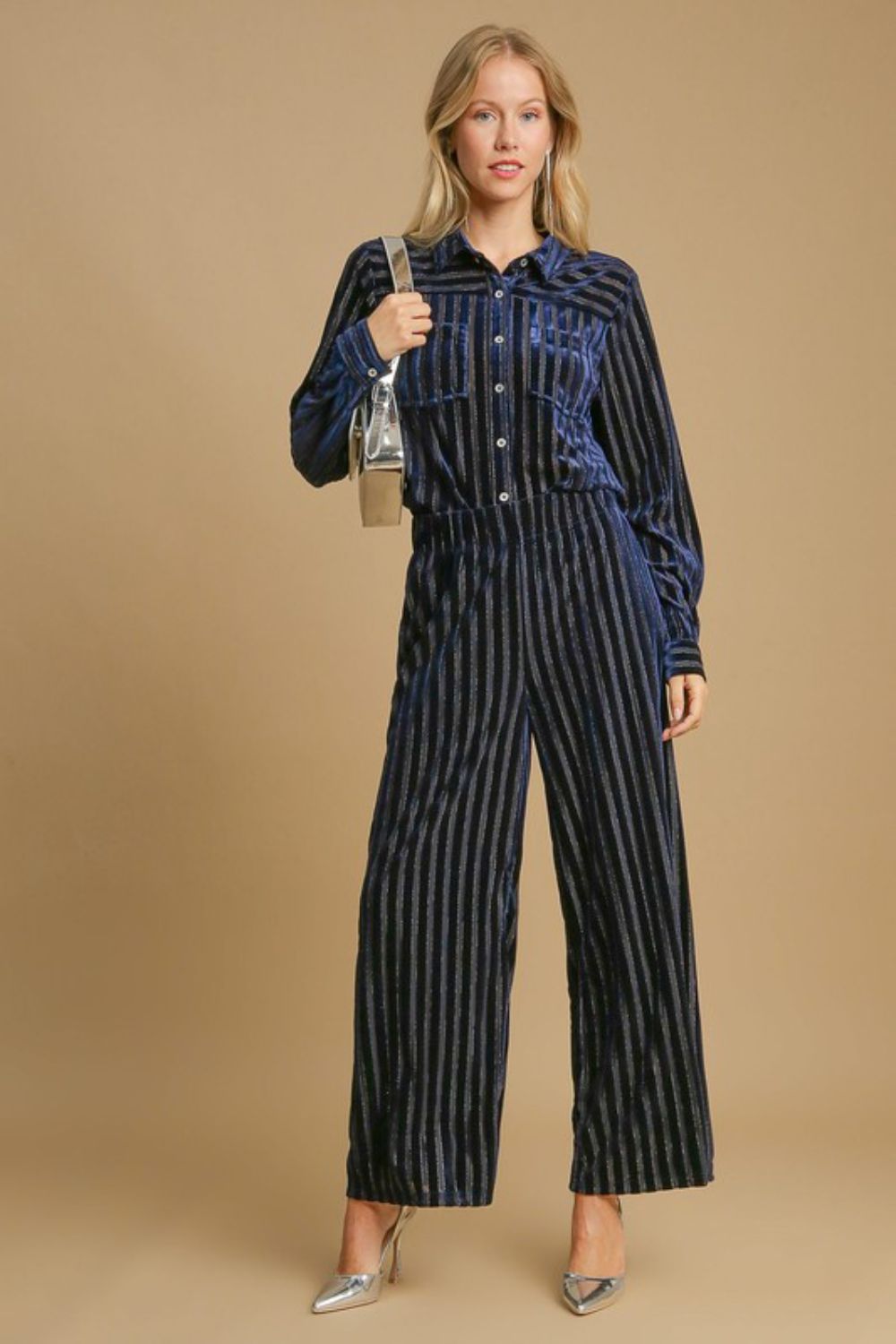 UMGEE - Navy Stripe Elastic Waist Wide Leg Velvet Pants